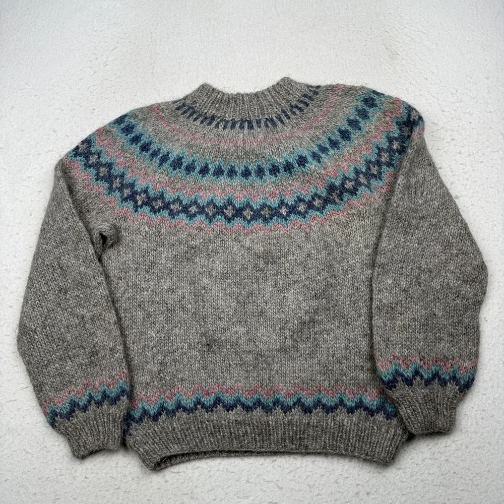 FRON Enterprises Icelandic Wool Sweater Mens Large Gray Fair Isle Crewneck